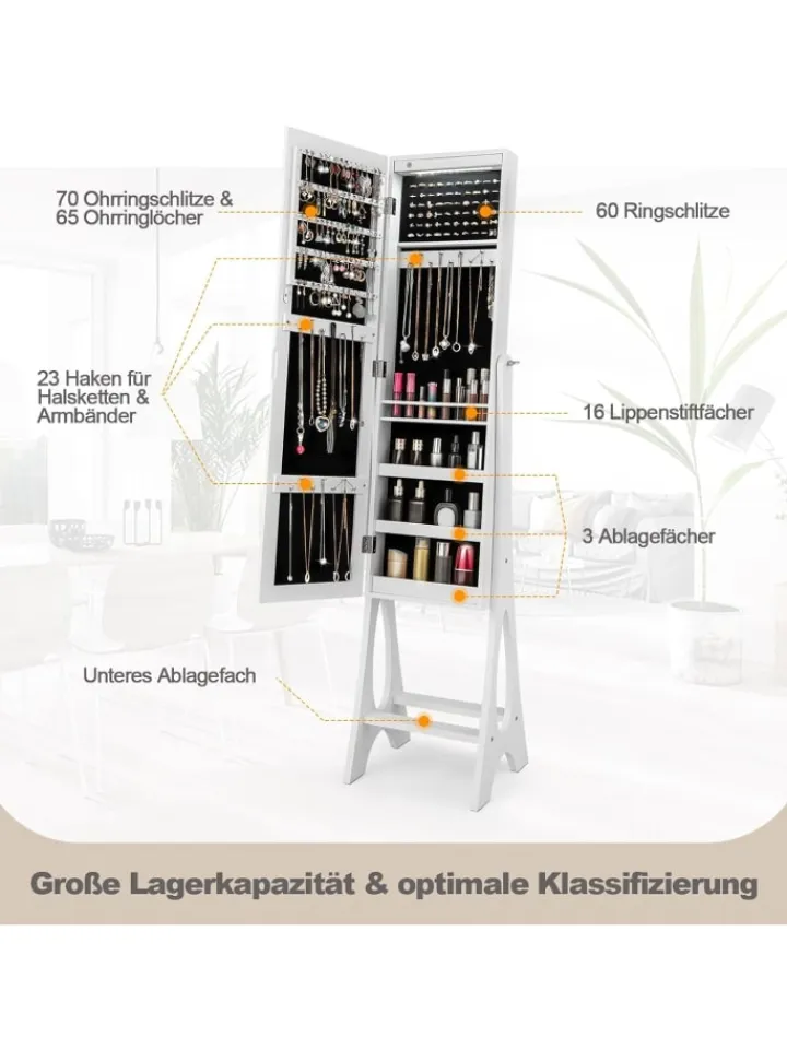 COSTWAY Schmuckkästen<Schmuckschrank mit LED & Spiegel in Weiß