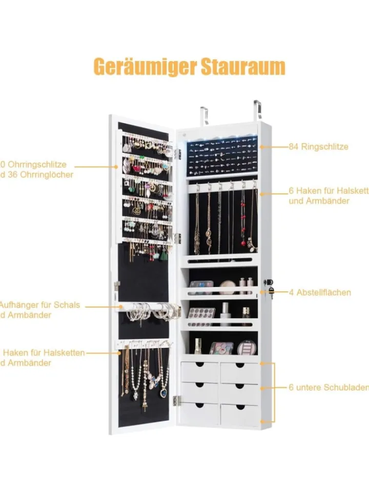 COSTWAY Schmuckkästen<Schmuckschrank mit LED in Weiß