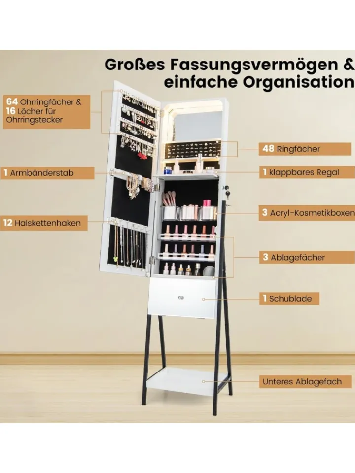 COSTWAY Schmuckkästen<Schmuckschrank mit Schublade LED in Weiß