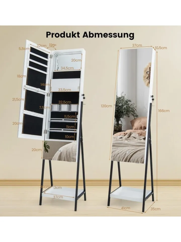 COSTWAY Schmuckkästen<Schmuckschrank mit Schublade LED in Weiß