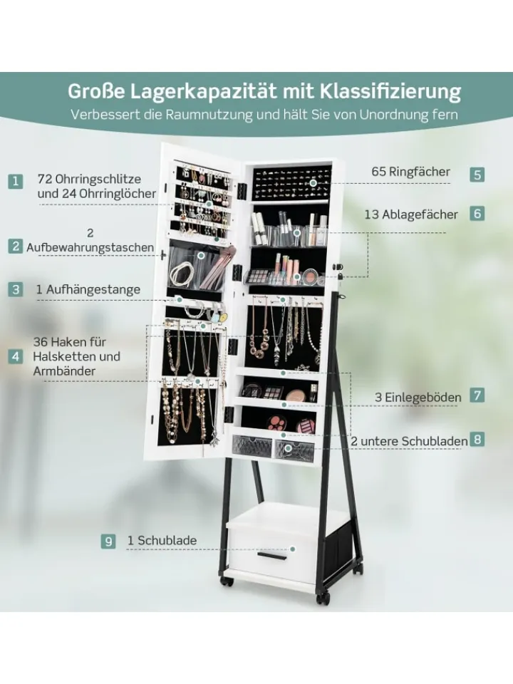 COSTWAY Schmuckkästen<Schmuckschrank mit Spiegel in Weiß