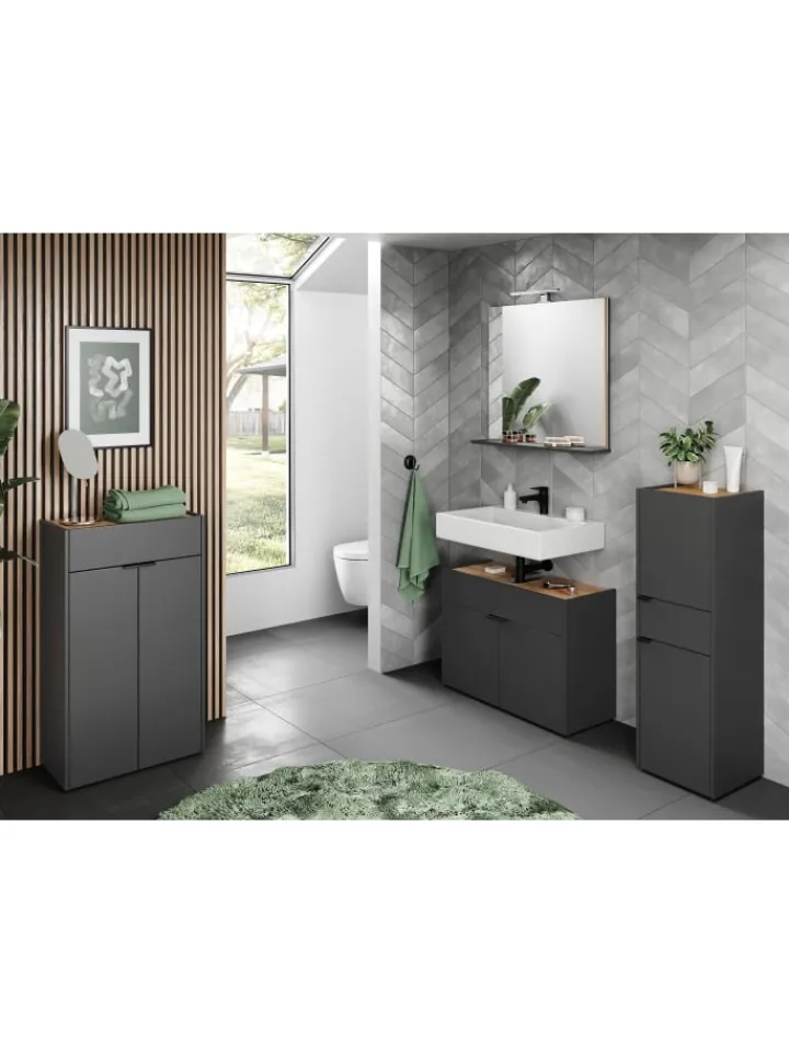 KADIMA DESIGN Badmöbel<Schrank mit Schublade, 34x34x111 cm, leise Schließtechnik in Grau-Beige