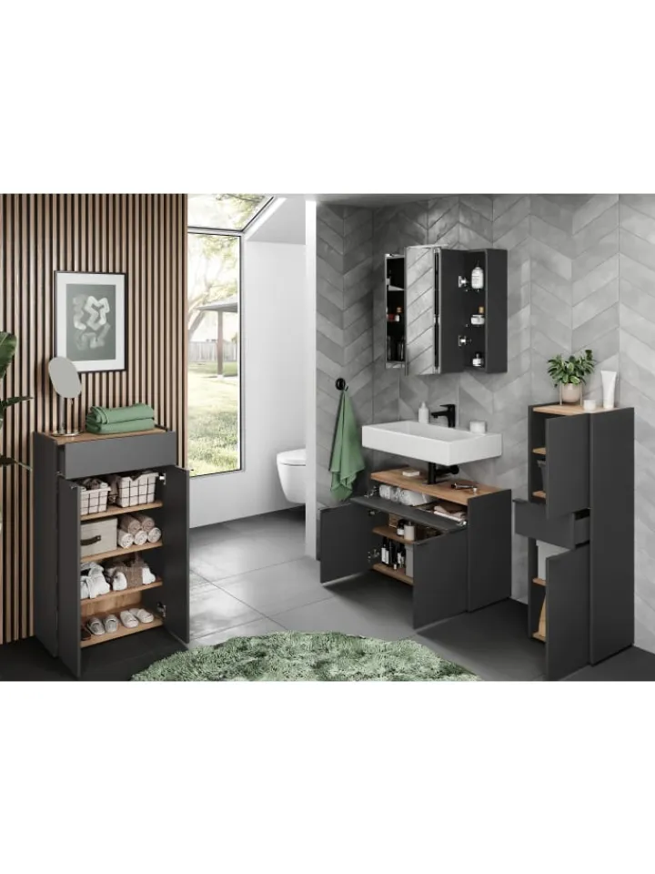 KADIMA DESIGN Badmöbel<Schrank mit Schublade, 34x34x111 cm, leise Schließtechnik in Grau-Beige