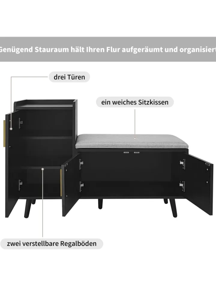 ABRIHOME Garderoben<Schuhbank in Schwarz mit 3 Stauraumtüren und Sitzfunktion B100 T34 H69 cm