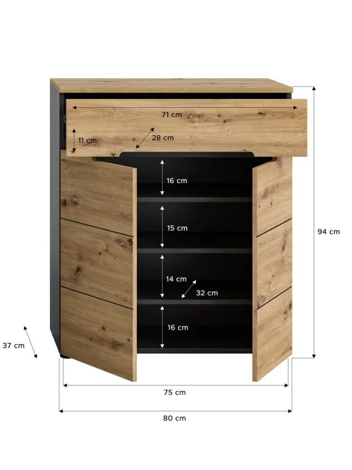 xonox.home Garderoben<Schuhkommode (B/H/T: 80x94x37 cm) in Basalt grau und Artisan Nachbildung