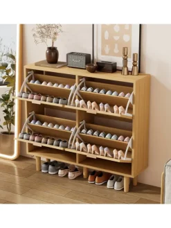 ABRIHOME Garderoben<Schuhkommode in Braun mit Rattan-Schubladen 100x25x90 cm