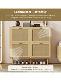 ABRIHOME Garderoben<Schuhkommode in Braun mit Rattan-Schubladen 100x25x90 cm