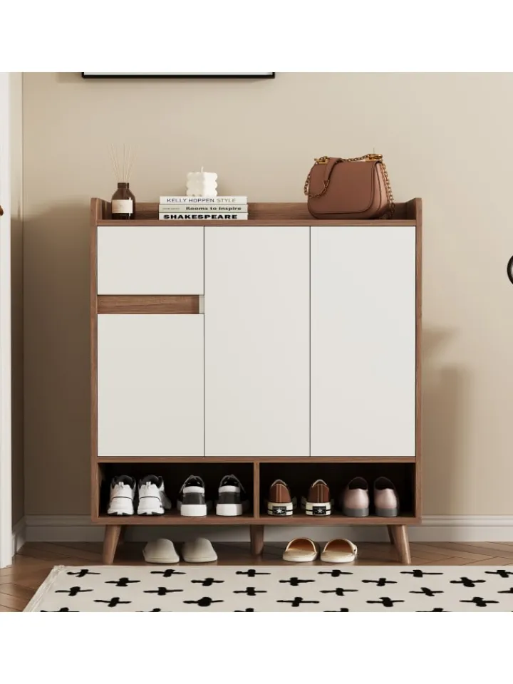 ABRIHOME Regale & Schränke<Schuhschrank in Natürlich mit verstellbaren Einlegeböden H99 B90 T35 cm