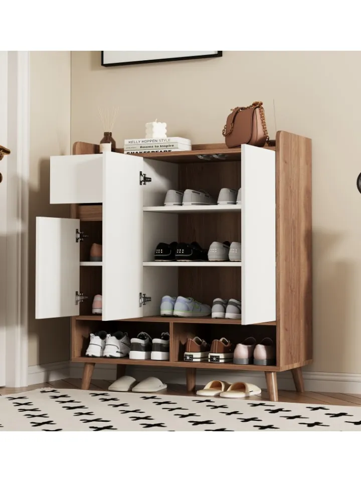 ABRIHOME Regale & Schränke<Schuhschrank in Natürlich mit verstellbaren Einlegeböden H99 B90 T35 cm