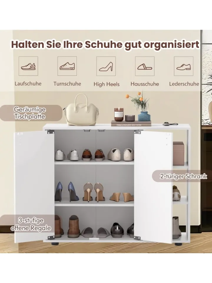 COSTWAY Regale & Schränke<Schuhschrank mit 2 Türen 80 x 31 x 64,5 cm in Weiß