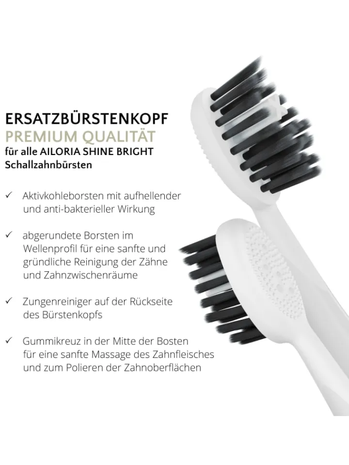 Ailoria Zahn & Mundpflege<SHINE BRIGHT Charcoal Ersatzbürstenköpfe 6er Set in weiß