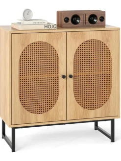 COSTWAY Regale & Schränke<Sideboard mit 2 Rattantüren in Hellbraun