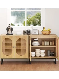 COSTWAY Regale & Schränke<Sideboard mit 2 Rattantüren in Hellbraun