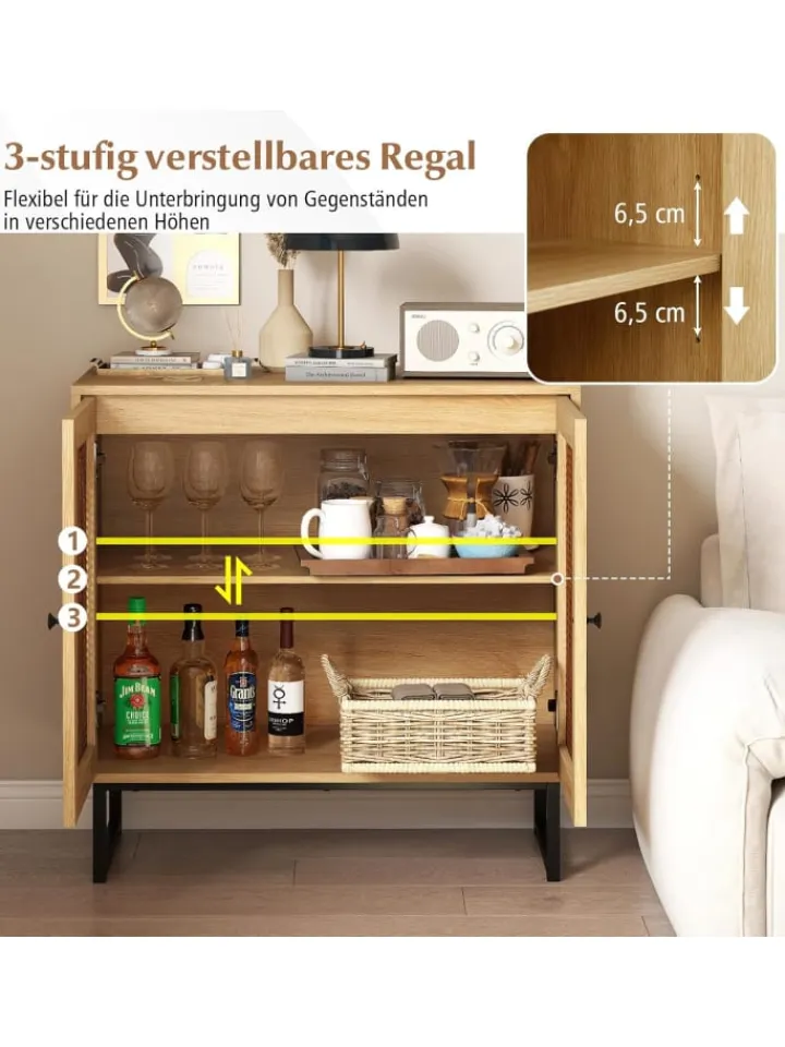 COSTWAY Regale & Schränke<Sideboard mit 2 Rattantüren in Hellbraun