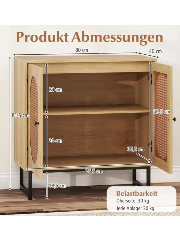 COSTWAY Regale & Schränke<Sideboard mit 2 Rattantüren in Hellbraun