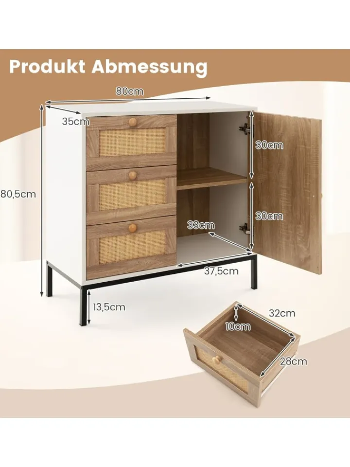 COSTWAY Regale & Schränke<Sideboard mit 3 Schubladen 80cm in Beige