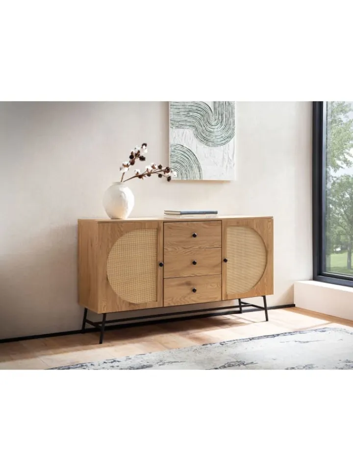 KADIMA DESIGN Regale & Schränke<Sideboard 140x80x40 cm Kommode Eiche-Dekor mit Rattan Geflecht