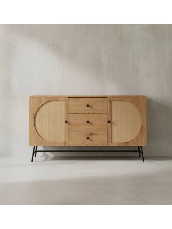 KADIMA DESIGN Regale & Schränke<Sideboard 140x80x40 cm Kommode Eiche-Dekor mit Rattan Geflecht