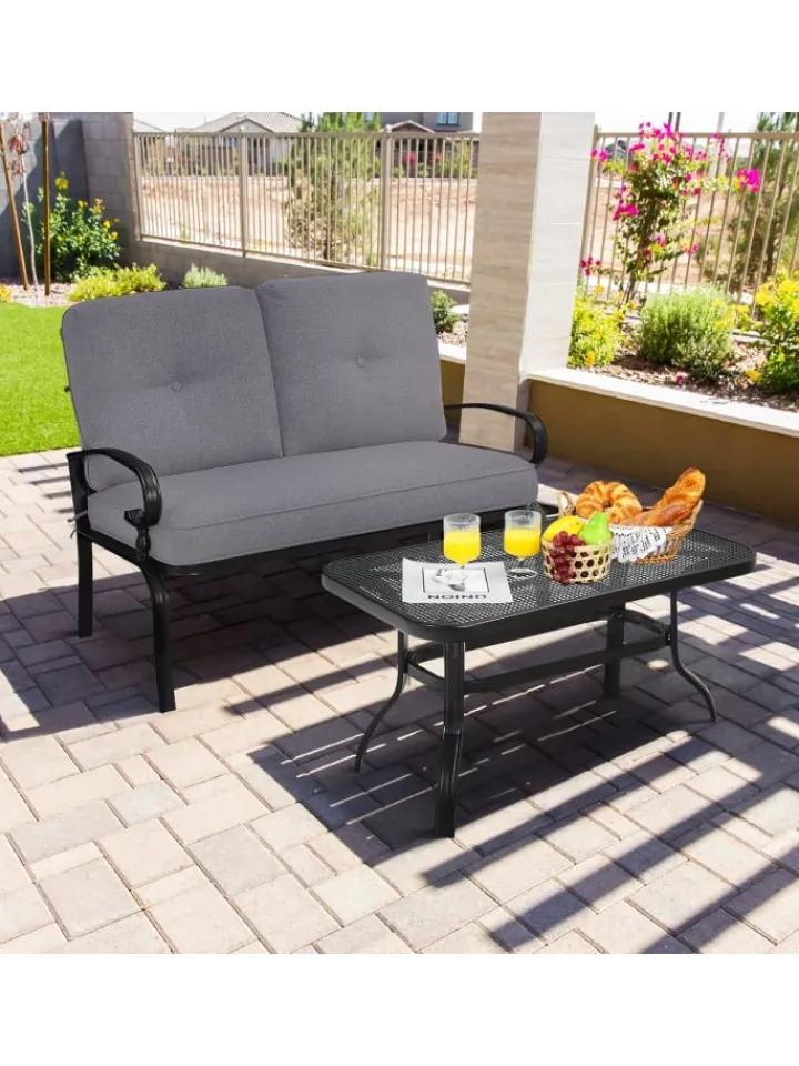 COSTWAY Gartenmöbel<2-Sitzer Gartenbank mit Tisch in Grau