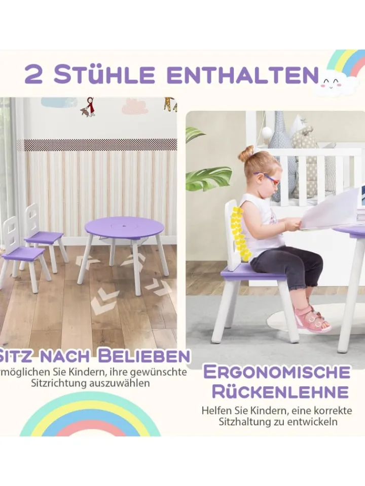 COSTWAY Möbel-Sets<Sitzgruppe 3 tlg. Set ab 3 Jahren mit Kiefernholzbeinen in Lila