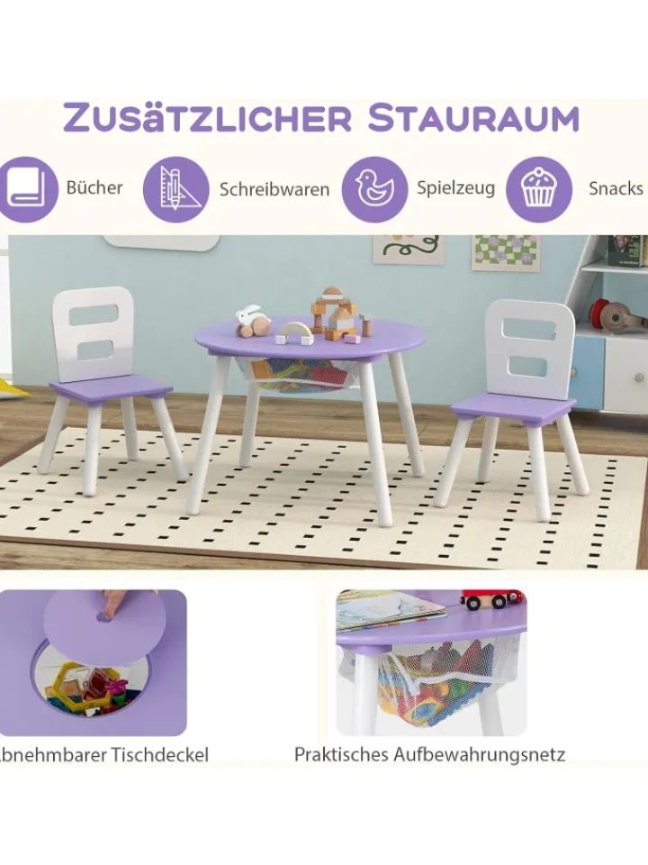 COSTWAY Möbel-Sets<Sitzgruppe 3 tlg. Set ab 3 Jahren mit Kiefernholzbeinen in Lila