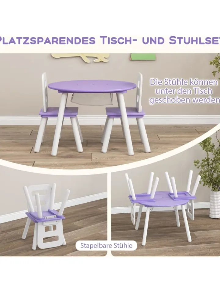 COSTWAY Möbel-Sets<Sitzgruppe 3 tlg. Set ab 3 Jahren mit Kiefernholzbeinen in Lila