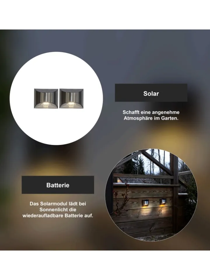 STAR Trading Außenbeleuchtung<Solar-Wandleuchten ,Wally', 2er-Set, LED, Metall, silber, H 8cm, B 10c