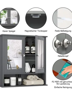 COSTWAY Badmöbel|Badezimmermöbel<Spiegelschrank Badezimmer in Grau