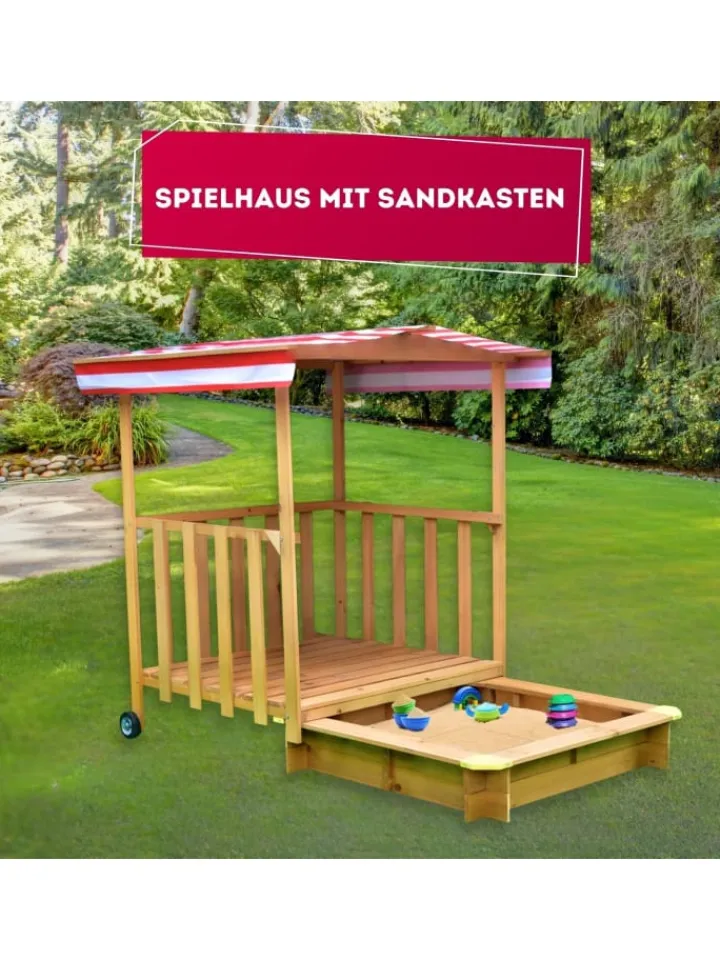 Coemo Gartenspielzeug<Spielhaus mit Sandkasten und Spielveranda in Natur