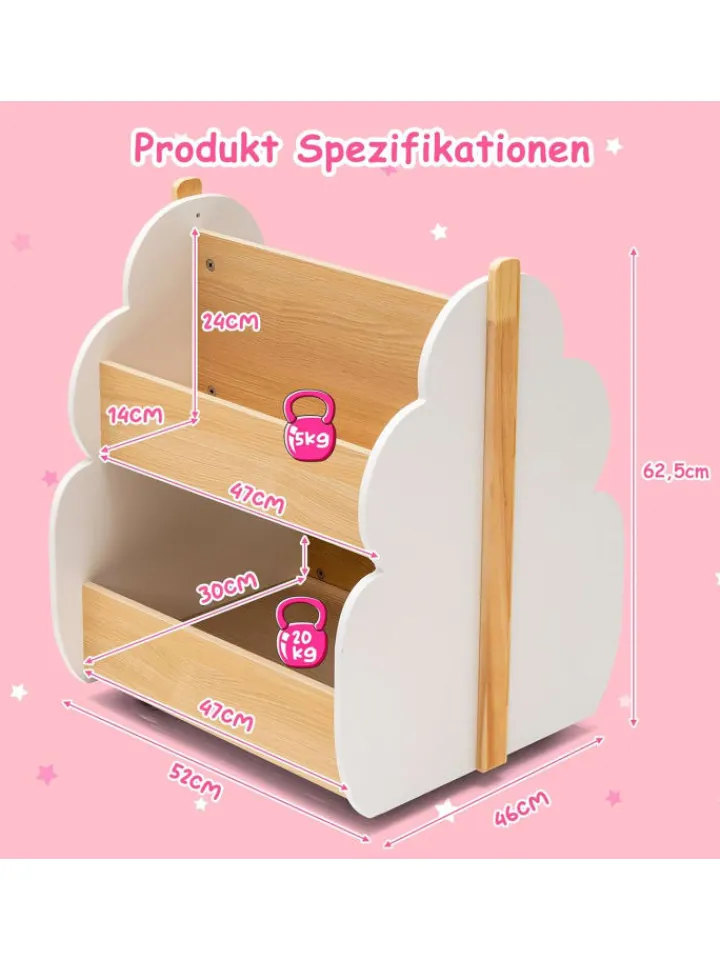 COSTWAY Kindermöbel<Spielzeugregal auf Rollen 2 Ebenen in Weiß