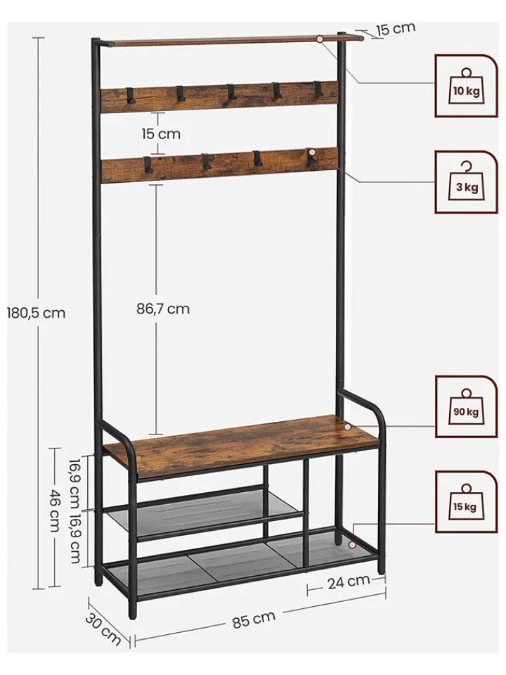 Songmics Regale & Schränke|Garderoben<Standgarderobe in Braun/ Schwarz - (B)85 x (H)180 x (T)30 cm