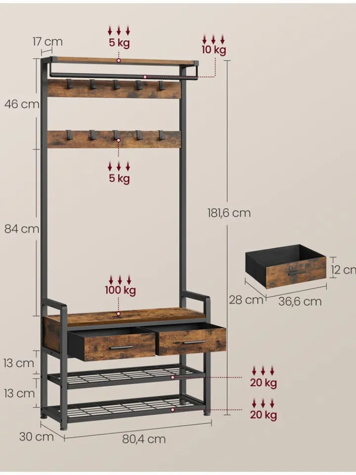 Songmics Garderoben|Regale & Schränke<Standgarderobe in Braun/ Schwarz - (B)80 x (H)181 x (T)30 cm