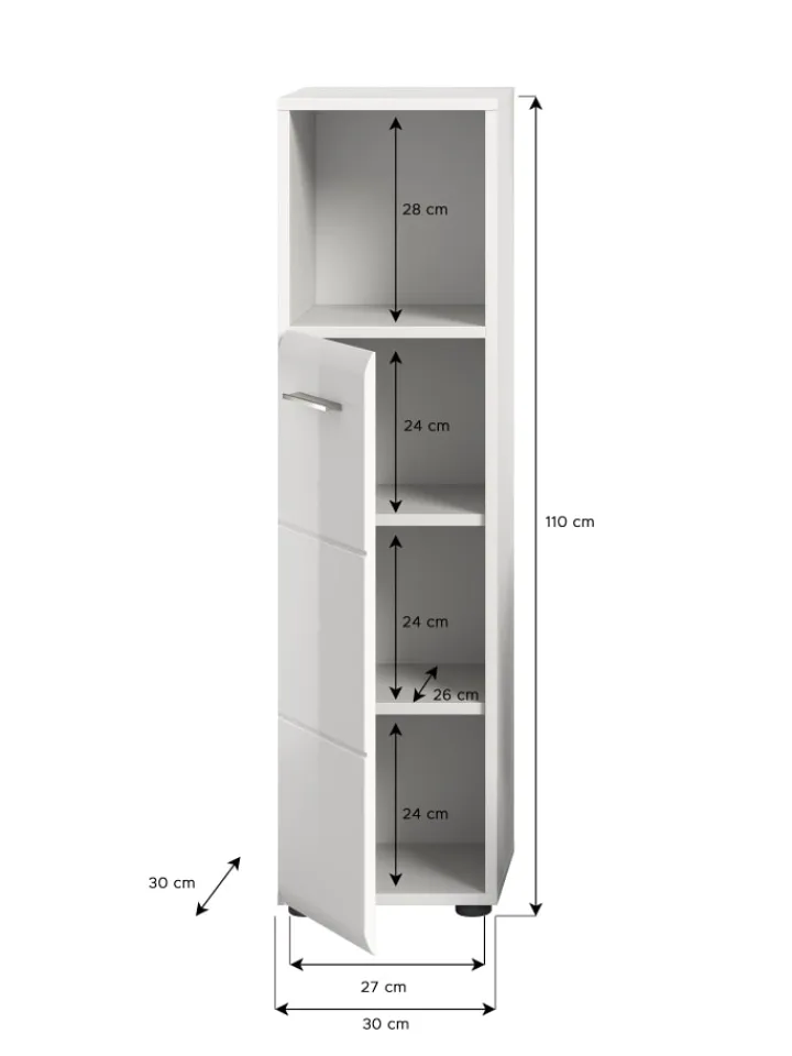 xonox.home Badezimmermöbel|Badmöbel<Standschrank hoch in Weiß/Weiß Hochglanz - (B) 30 x (H) 110 x (T) 30