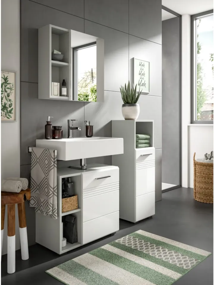 xonox.home Badezimmermöbel<Standschrank in hellgrau/weiß hochglanz - (B) 30 x (H) 95 x (T) 30