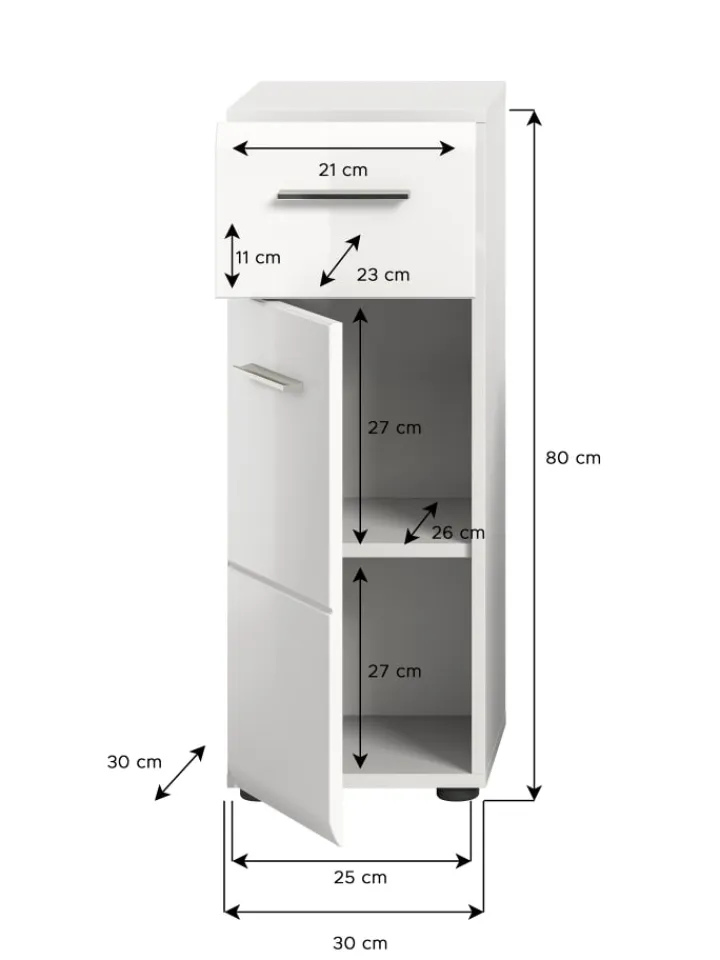 xonox.home Badezimmermöbel|Badmöbel<Standschrank in Weiß/Weiß Hochglanz - (B) 30 x (H) 80 x (T) 30