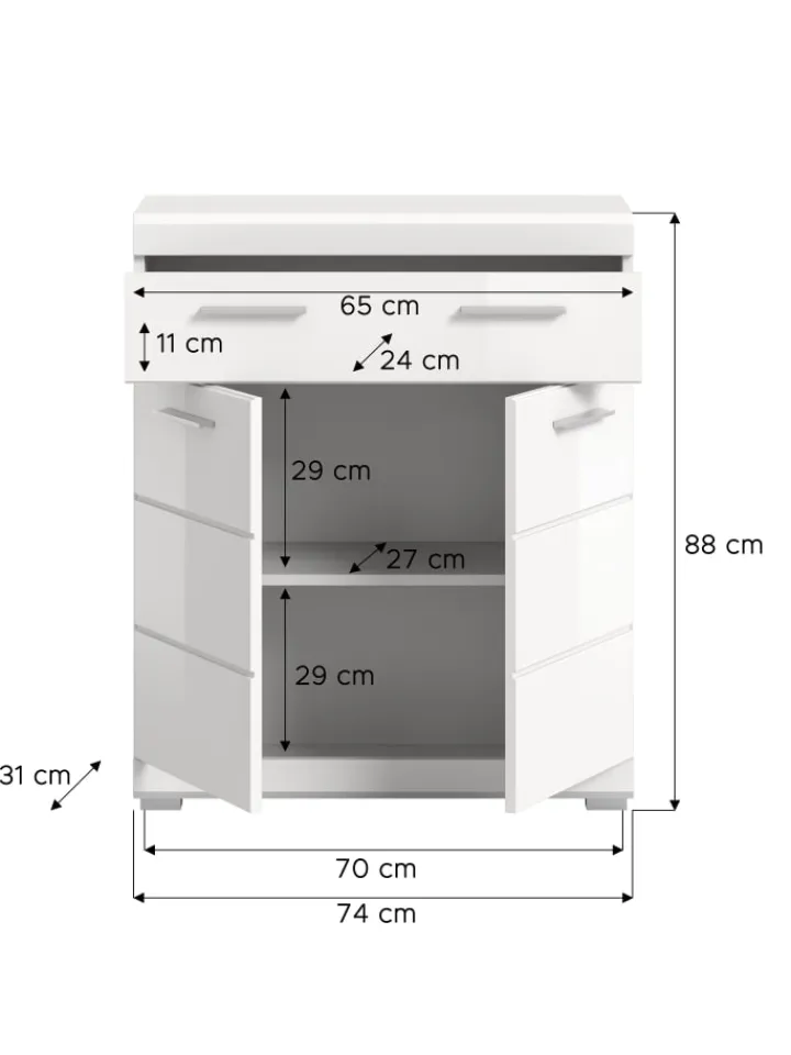 xonox.home Badezimmermöbel<Standschrank in weiß/weiß hochglanz - (B) 74 x (H) 88 x (T) 31