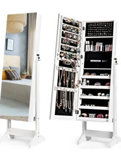 COSTWAY Schmuckkästen<Standspiegel mit Schmuckschrank in Weiß