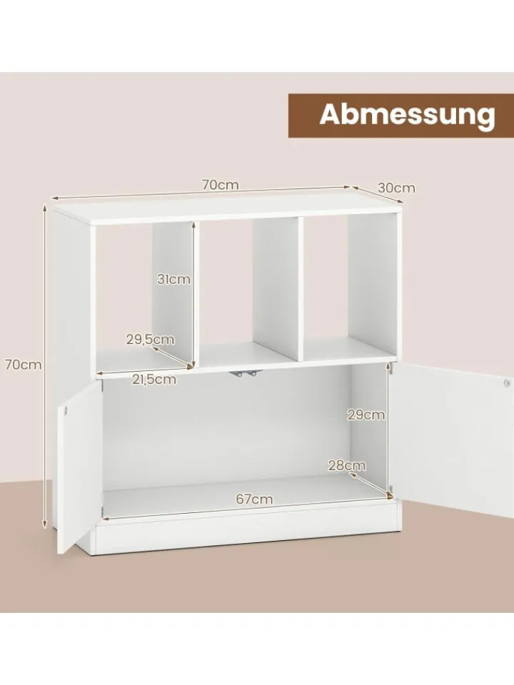 COSTWAY Regale & Schränke<3-stöckiges Bücherregal mit 2 Türen 70 x 30 x 70 cm in Weiß