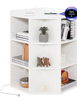 COSTWAY Regale & Schränke<3-stöckiges Eck-Bücherregal mit Ladestation in Weiß