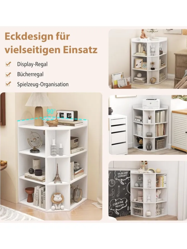 COSTWAY Regale & Schränke<3-stöckiges Eck-Bücherregal mit Ladestation in Weiß
