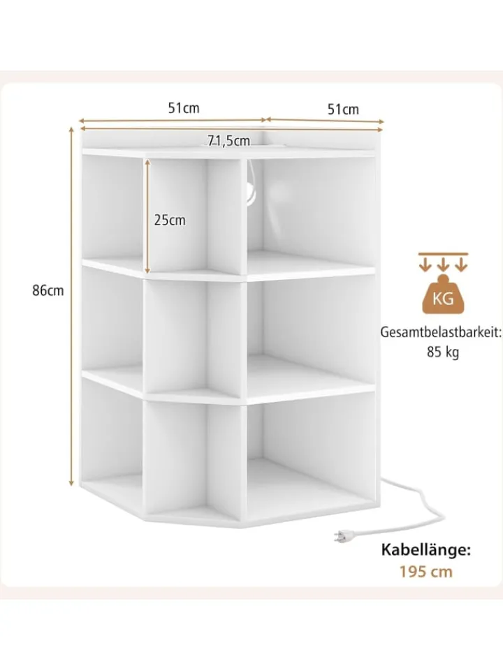 COSTWAY Regale & Schränke<3-stöckiges Eck-Bücherregal mit Ladestation in Weiß