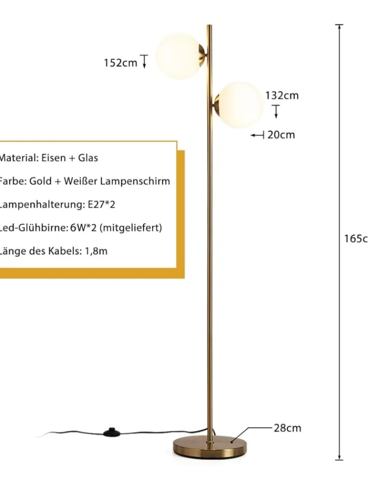 COSTWAY Stehleuchten<Stehlampe 2-flammig E27 in Gold
