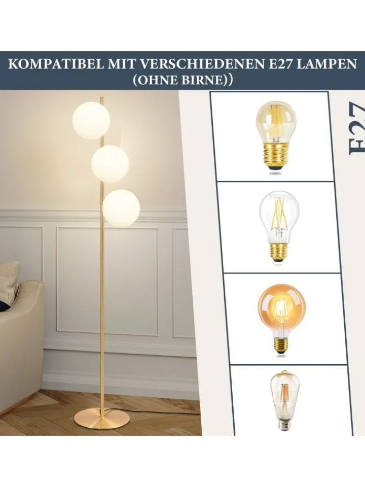 ZMH Stehleuchten<Stehlampe 3-flammige E27 in gold Glasschrim