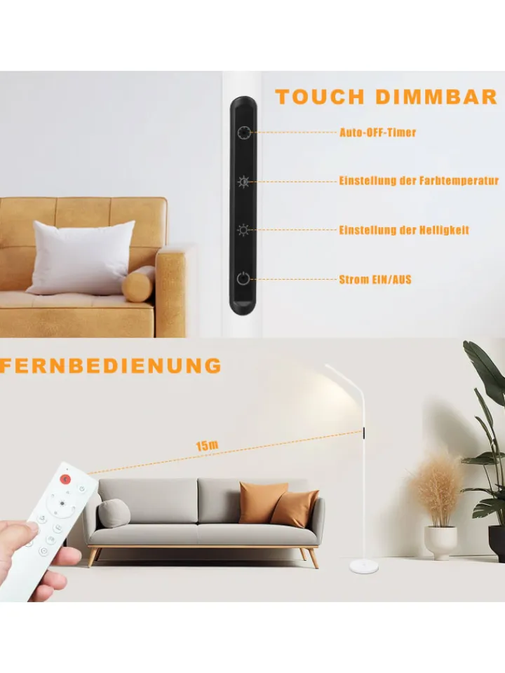 ZMH Stehleuchten<Stehlampe in weiß H 137cm touch dimmbar Timer Bodenlampe