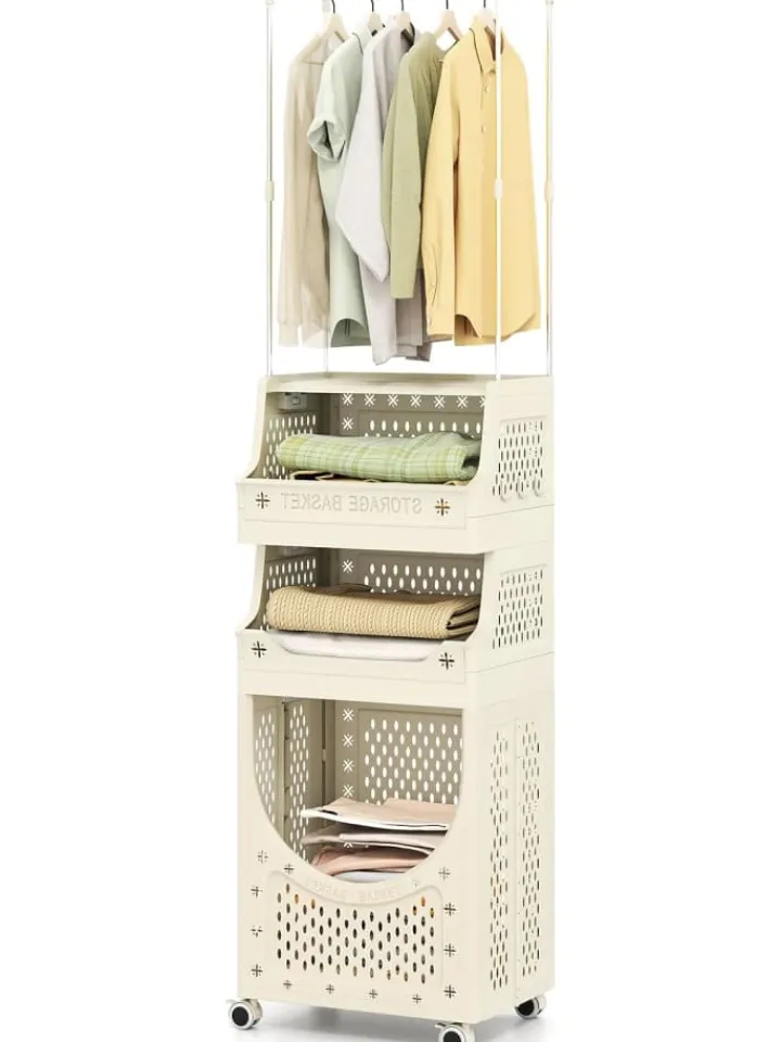 COSTWAY Wäschekörbe & -Ständer<4-stufig Kleiderstangen schmal mit Wäschekorbwagen in Beige