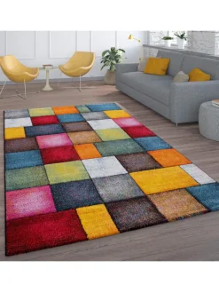 KADIMA DESIGN Teppiche & Fußmatten<Teppich Kurzflor Karos Wohnzimmer schmutzabweisend in Mehrfarbig