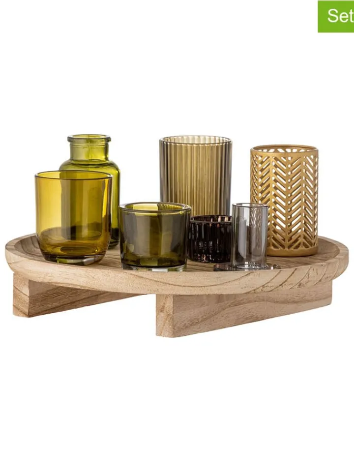 Bloomingville Wohndekoration<8tlg. Kerzenständer-Set ''Sanga'' in Beige/ Grün - (H)15 x Ø 32 cm