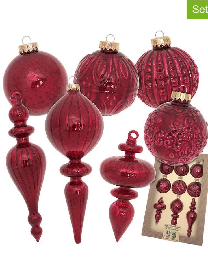 Krebs Glas Lauscha Weihnachtsschmuck<9tlg. Set: Christbaumschmuck in Rot