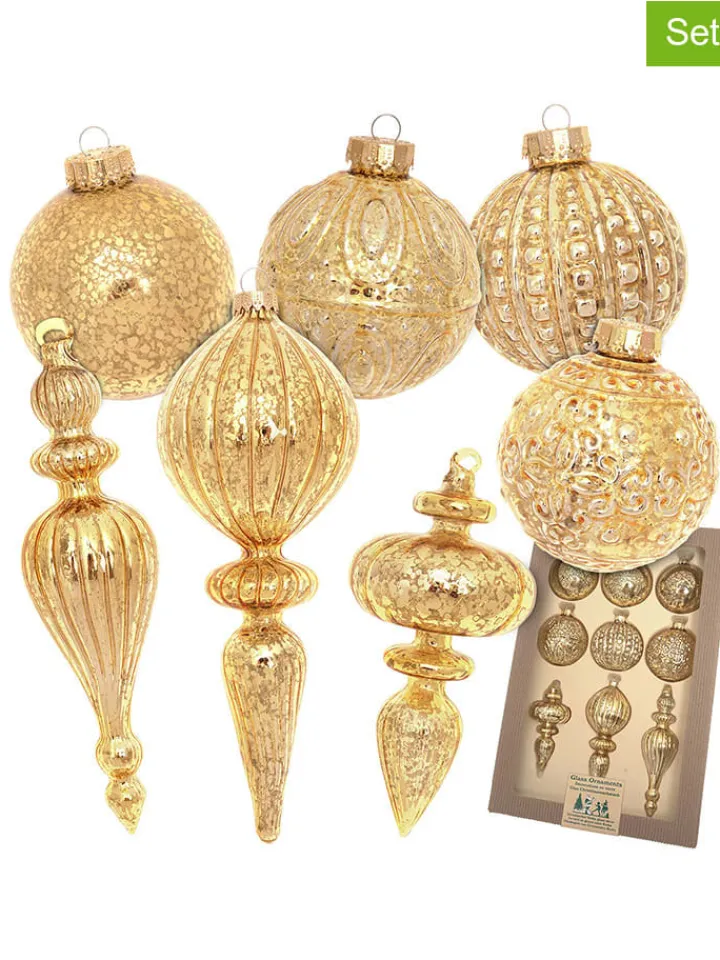 Krebs Glas Lauscha Weihnachtsschmuck<9tlg. Set: Christbaumschmuck in Gold