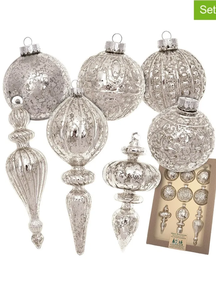 Krebs Glas Lauscha Weihnachtsschmuck<9tlg. Set: Christbaumschmuck in Silber